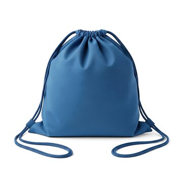 Blue drawstring bag with textured surface isolated on white background