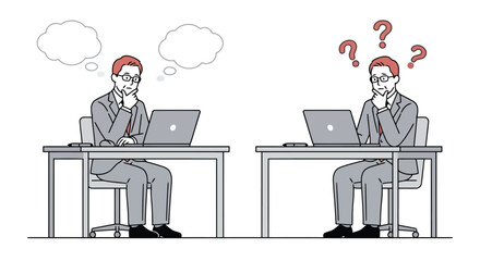 Fototapeta premium Business Professional Working at Laptop Experiencing Thoughtfulness and Confusion Represented by Blank Thought Bubbles and Red Question Marks Vector