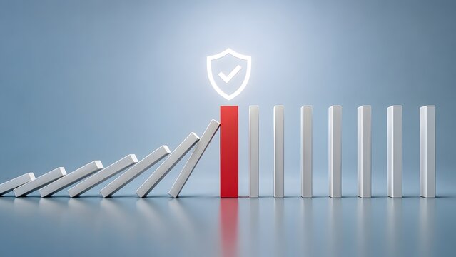 Corporate risk management and business continuity concept with glowing shield icon stopping falling white domino pieces
