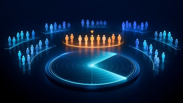 Digital radar screen scanning for human resources and talent, futuristic glowing interface representing recruitment, target audience, and marketing strategy