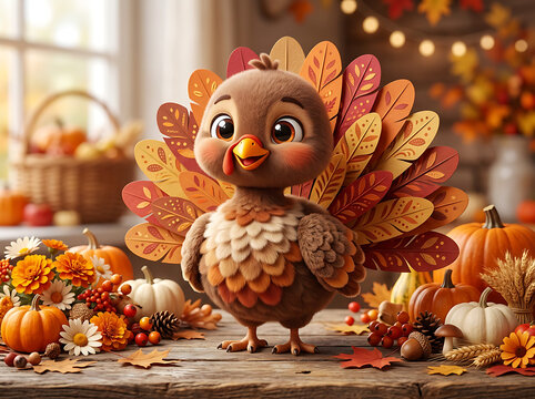 Cute cartoon turkey character standing surrounded by autumn harvest pumpkins, fall leaves, and cozy Thanksgiving decor