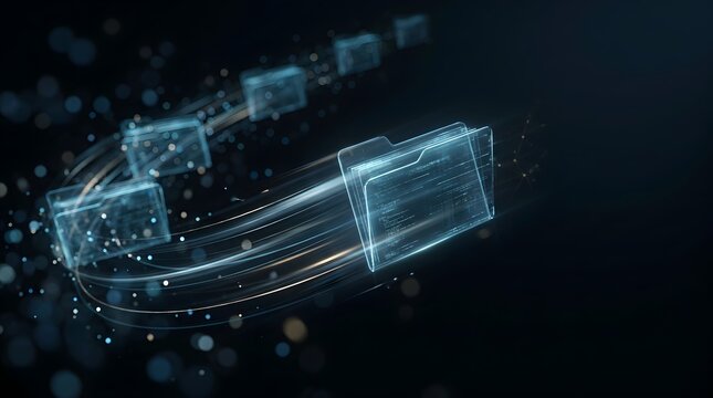 Abstract digital data transfer with glowing transparent folders moving along light trails on a dark futuristic background, representing cloud storage or information flow.
