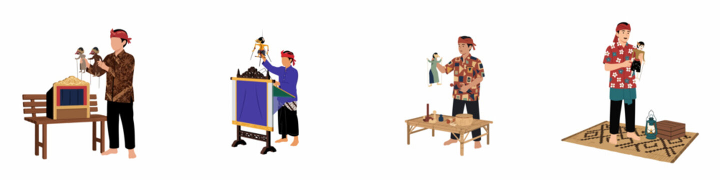 Set of illustrations featuring a man performing traditional Indonesian puppet theater (Wayang) in various settings and traditional attire.