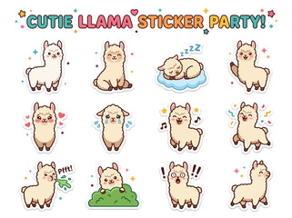 Fototapeta premium A sticker sheet featuring twelve unique illustrations of cartoon llamas in various poses and expressions