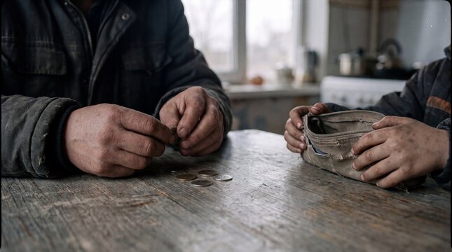 Parent and child hands counting small change on rustic table in poverty