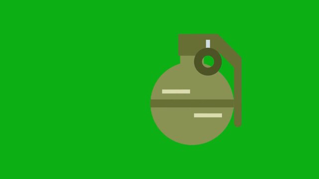 Grenade explosive weapon green screen chromakey background 2d animated cartoon animation military combat battle danger attack army force concept icon loops smoothly on chroma key