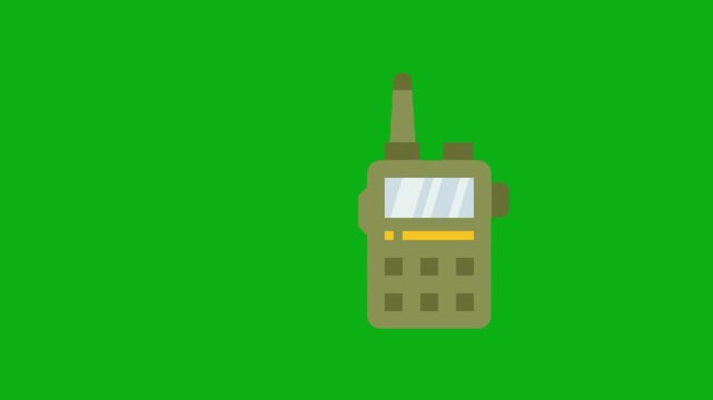 Walkie talkie communication green screen chromakey background 2d animated cartoon animation military radio device army contact command concept icon loops smoothly on chroma key