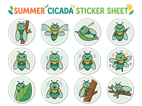 A sticker sheet titled SUMMER CICADA displaying 12 unique circular illustrations of cute green cartoon cicadas