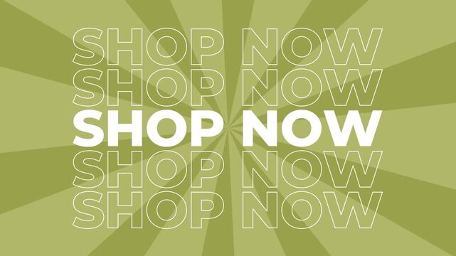 Shop now 2D typography text lettering animation graphics with spiral digital background retail shopping promotion and sales slogan product advertisements dynamic visual effects colours yellow gold