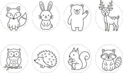 Obraz premium Cute woodland animal icons. Hand drawn forest creatures set for nursery design.