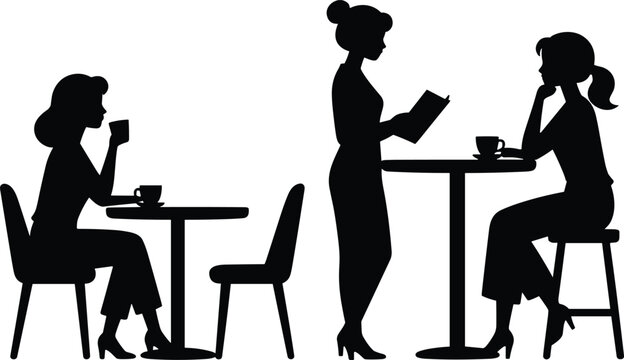 Women Cafe Silhouette Set, Waitress Menu Coffee Table Vector Illustration Collection