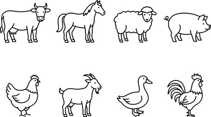 Fototapeta premium Set of hand drawn farm animals. Cute livestock icons for kids education and design.
