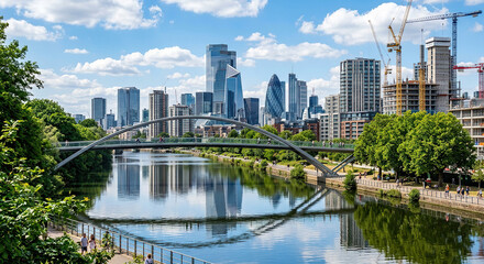 Obraz premium Modern city skyline with arch bridge and river on sunny day