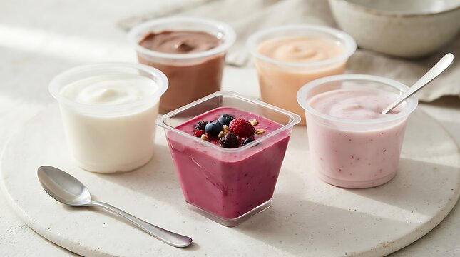 Small plastic cups with delicious berry yogurt and fresh fruit toppings