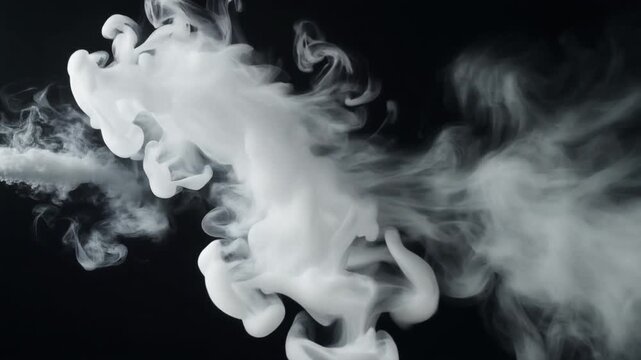 White smoke infused with liquid ink swirls through deep black space, forming elegant organic sculptures before dissolving into cinematic volumetric atmosphere with photorealistic fluid motion.