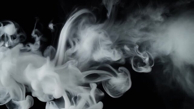 White smoke infused with liquid ink swirls through deep black space, forming elegant organic sculptures before dissolving into cinematic volumetric atmosphere with photorealistic fluid motion.