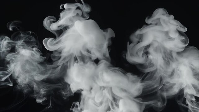 White smoke infused with liquid ink swirls through deep black space, forming elegant organic sculptures before dissolving into cinematic volumetric atmosphere with photorealistic fluid motion.