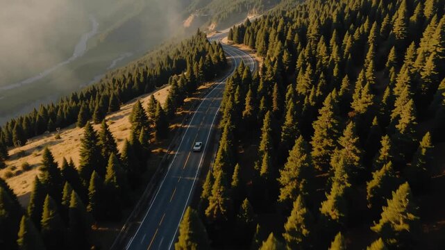 Aerial View of White Car Driving on Forest Road at Golden Hour