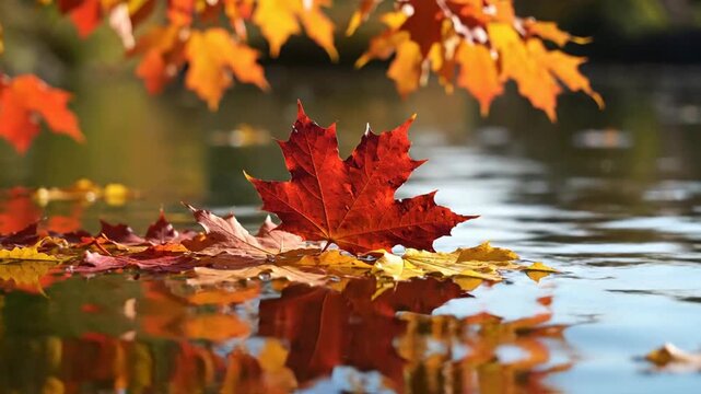 Vibrant red maple leaf floating on gentle river water in autumn serene fall nature background, red leaf