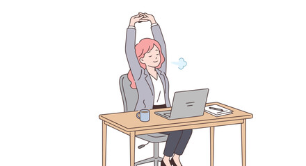 Fototapeta premium Business woman stretching arms at desk to relieve workplace stress during office work flat vector illustration showing soft pastel colors and clean