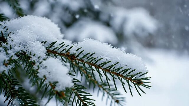 Gentle snowfall on evergreen pine tree branches in winter forest, close-up macro shot of snowy conifer needles for seasonal holiday background