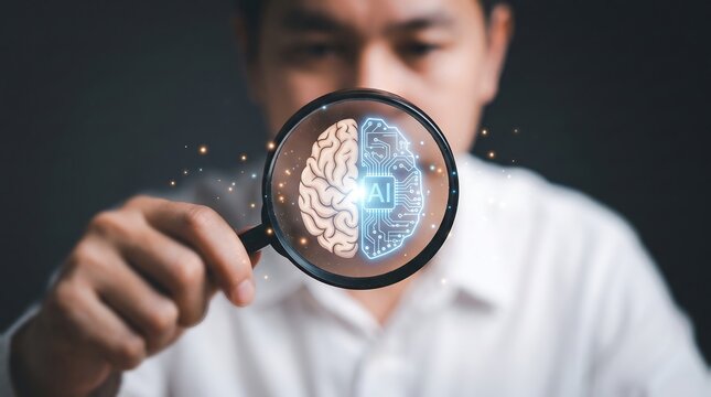 Person holding magnifying glass over digital human brain model with glowing circuit lines representing artificial intelligence and modern data processing concepts