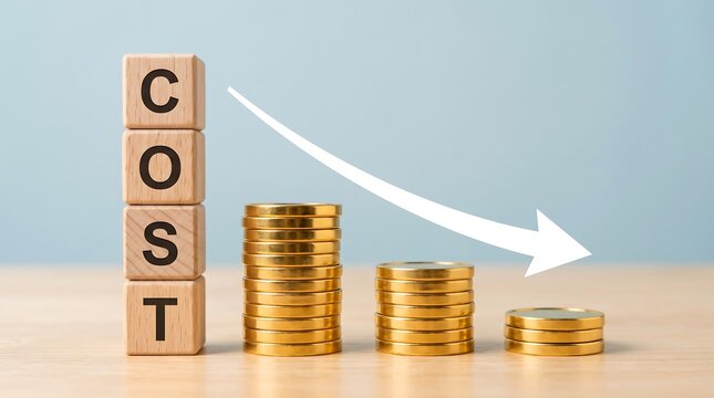 Wooden blocks spelling cost with downward trending arrow over diminishing stacks of gold coins representing reduction in expenses and improved financial efficiency
