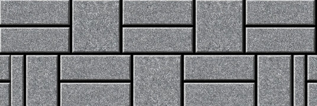 Gray interlocking rectangular and square paving stones in a repeating pattern