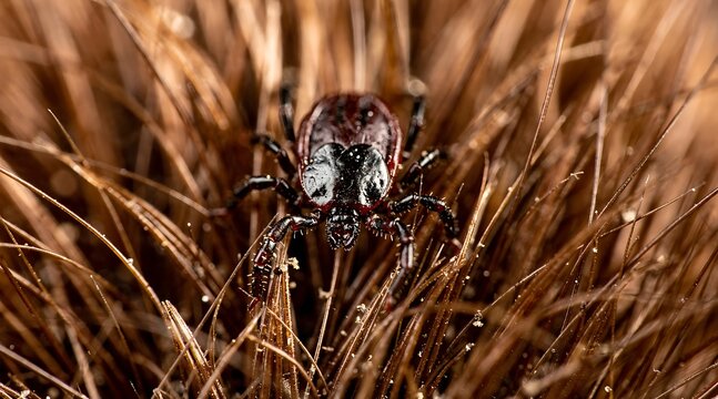 A dangerous tick parasite crawling on animal fur.