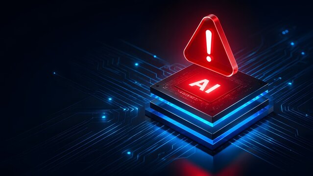 3D artificial intelligence microchip processor with red warning triangle indicating system error or cyber security threat.