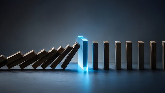 Risk management strategy concept with glowing blue glass block stopping falling wooden dominoes chain reaction