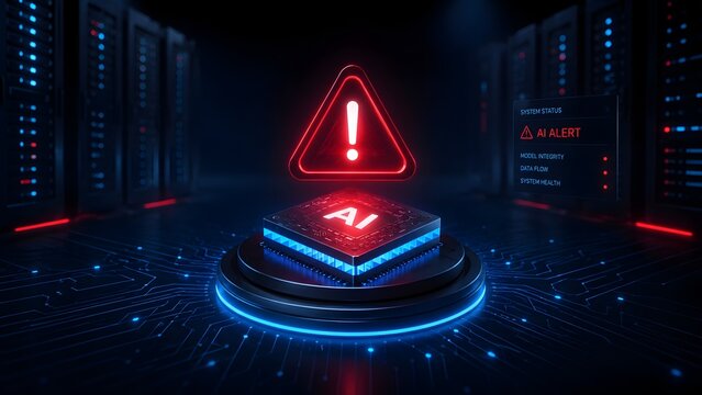 Artificial intelligence server room with AI chip showing critical red warning triangle and futuristic system alert interface.