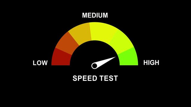 Dynamic internet speed test gauge animation featuring a moving needle indicating performance levels from low to for network connectivity analysis, broadband optimization, and digital data metrics