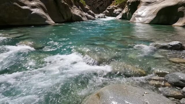 Crystal clear mountain river flowing through rocky canyon gorge, pristine glacial water stream in wilderness nature landscape