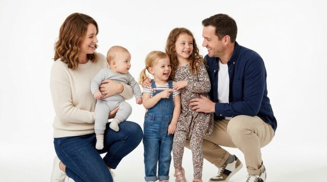 Happy young family with three kids posing together