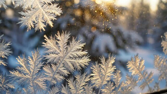 Intricate frost patterns on windowpane with golden hour sunlight and blurred winter forest background