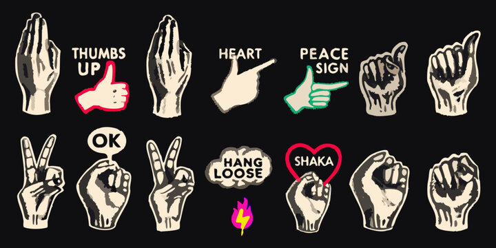 collection of hand gestures in vector style on black background thumbs heart sign peace gesture hang loose shaka illustration fingers communication body language