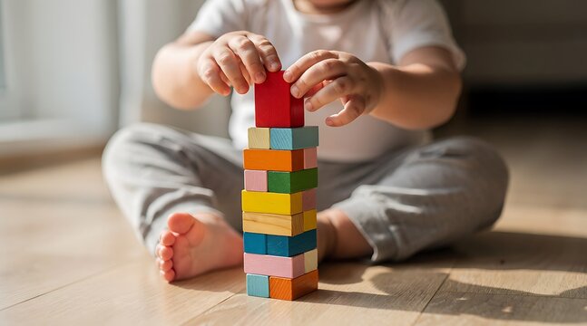 A toddler sitting on the floor stacking colorful wooden building blocks.