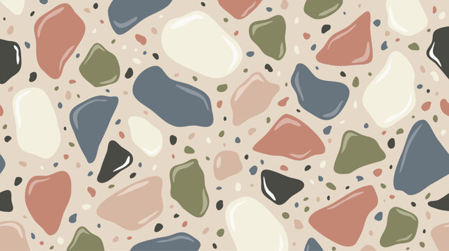 glossy terrazzo pattern with blue terracotta and olive stones on beige background
