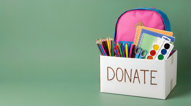 School supplies donation box with backpack and stationery for charity program helps children in need for education season on green background with copy space for community support.
