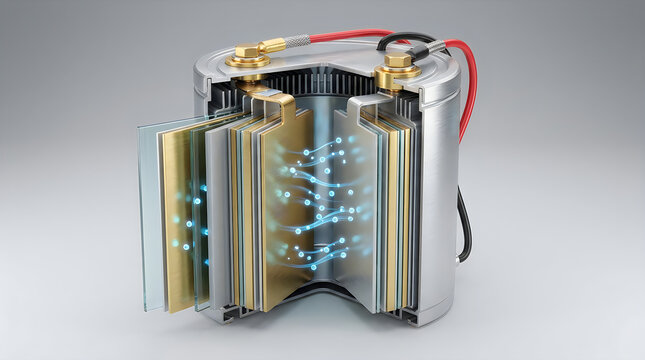 Cross section illustration of modern cylindrical lithium ion battery cell showing internal components like anode cathode separator and electrolyte with glowing blue particle energy flow.