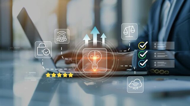 Business professional using creative business development concept with animated light bulb icon, innovation management, strategic planning, growth opportunities and modern enterprise solutions