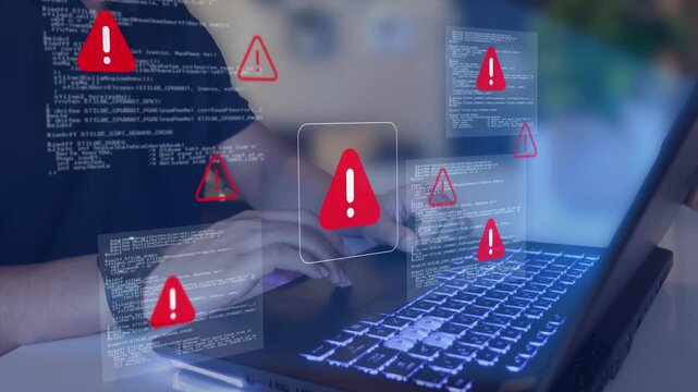Cybersecurity system warning concept, digital alert icons and error notifications, cyber risk, data breach prevention