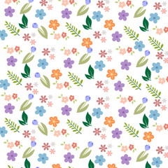 Fototapeta premium Minimalist Floral Seamless Pattern with Colorful Spring Flowers and Green Leaves Vector Background for Fabric, Wallpaper, and Packaging 
