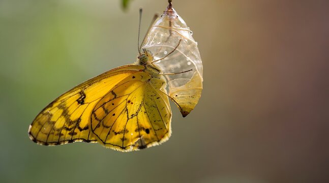 A yellow butterfly emerging from its chrysalis in nature.