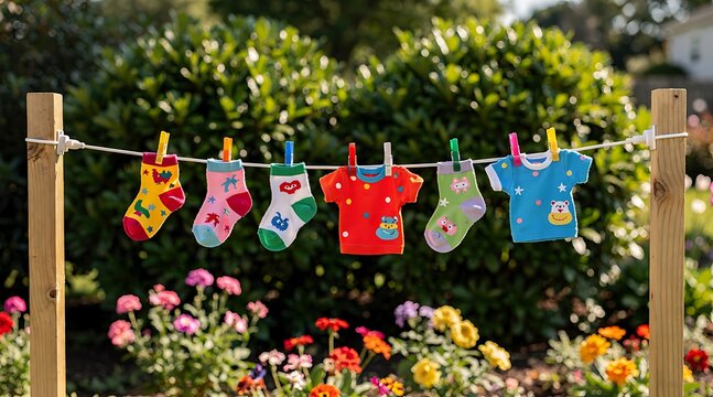 Baby Clothes Hanging on a Clothesline in a Colorful Garden.