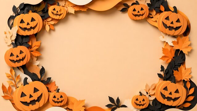 Festive halloween border frame made of cute carved jack o lantern pumpkins and autumn leaves on beige background