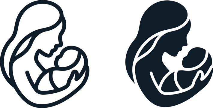 Mother holding baby icon set. Minimalist maternal love symbol for parenting design.