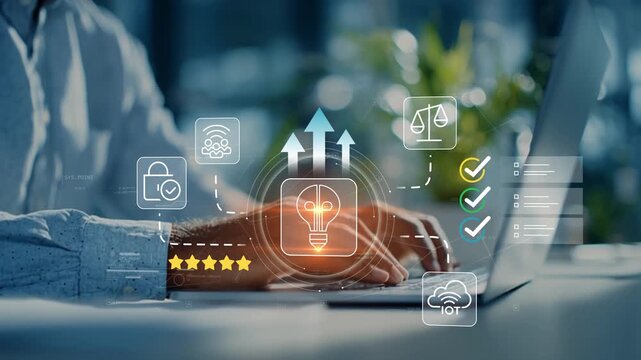 Businessman leading technology growth with animated light bulb icon, digital innovation, transformation strategy, business excellence and future focused development