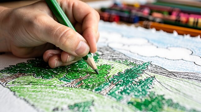 Close up of a person coloring a landscape drawing with a green pencil.